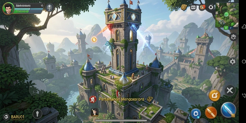 Screenshot gameplay menampilkan pertahanan menara yang strategis dan serangan musuh.