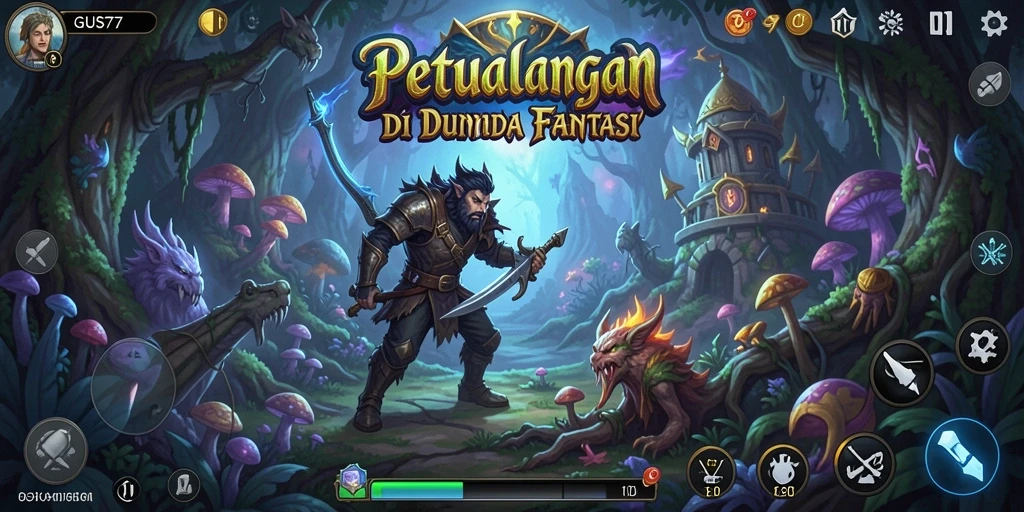 Tampilan gameplay seru dari GUS77 yang menampilkan petualangan di dunia fantasi.