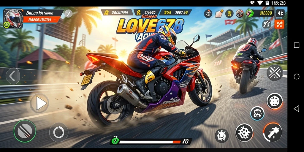 Tangkapan layar menunjukkan aksi balapan motor yang mendebarkan di LOVE678.