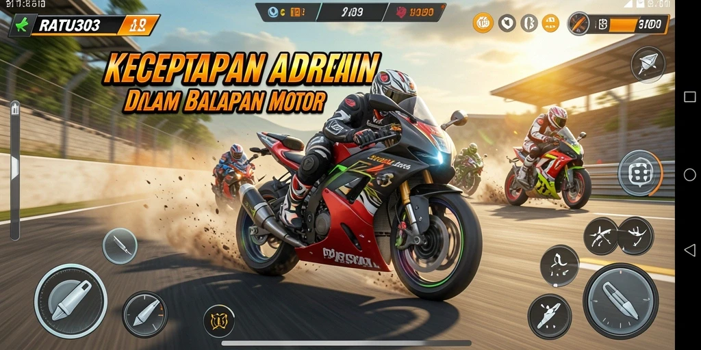 Screenshot gameplay RATU303 yang menampilkan aksi balapan motor yang mendebarkan.